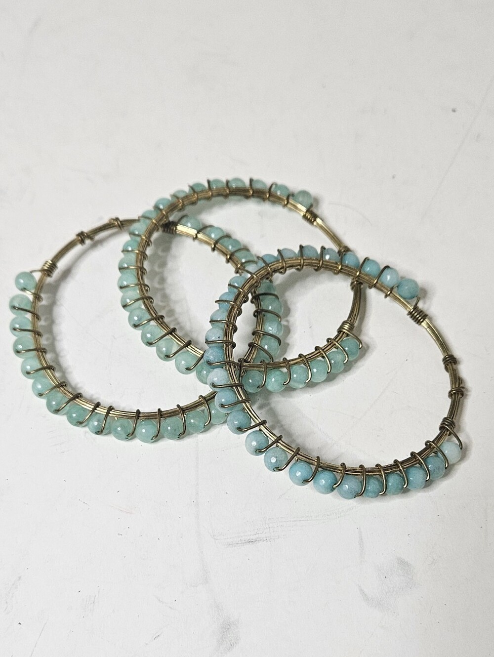 Write Wrapped Aqua Stone Bangle Bracelets. Gold Tone Wire.